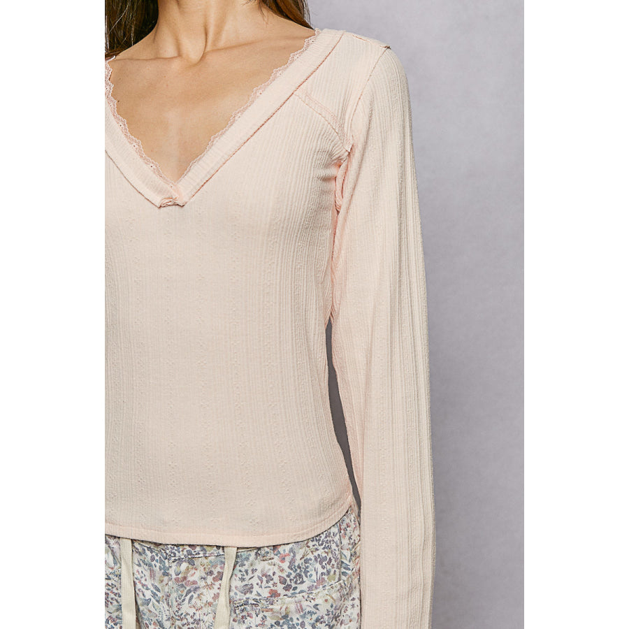 POL V-Neck Long Sleeve Ribbed Top with Lace-Accent Neckband Apparel and Accessories
