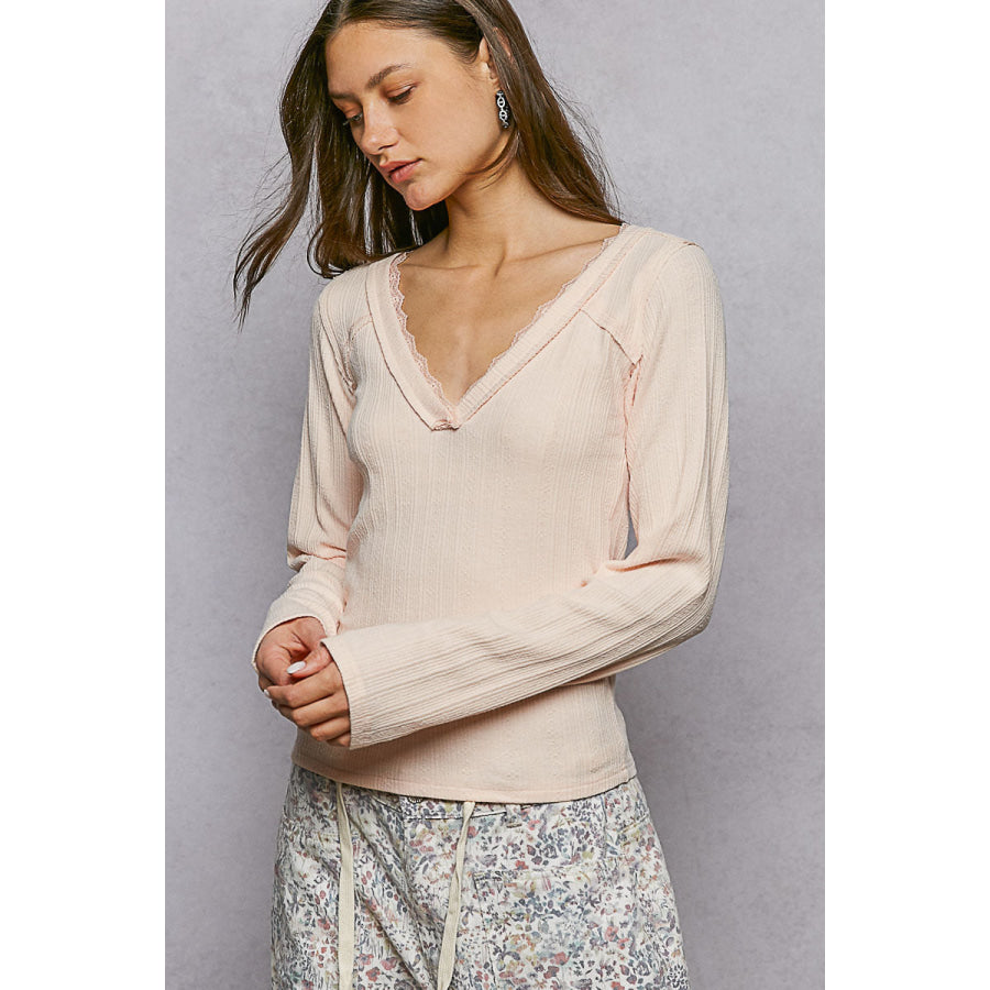POL V-Neck Long Sleeve Ribbed Top with Lace-Accent Neckband BLUSH / S Apparel and Accessories