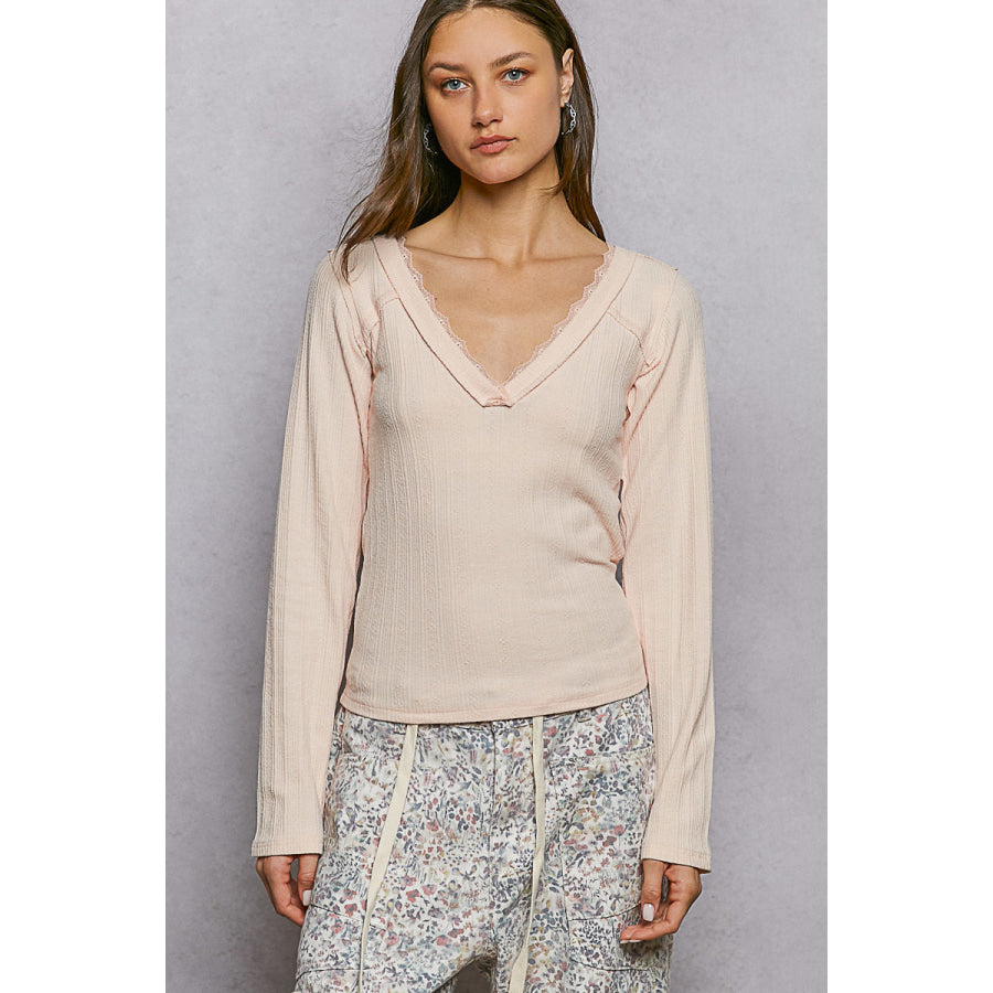 POL V-Neck Long Sleeve Ribbed Top with Lace-Accent Neckband BLUSH / S Apparel and Accessories