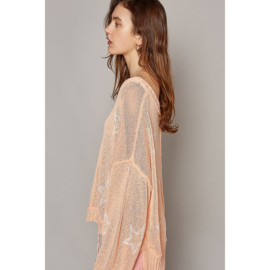 POL V-Neck Long Sleeve Star Print Knit Top Peach / S Apparel and Accessories