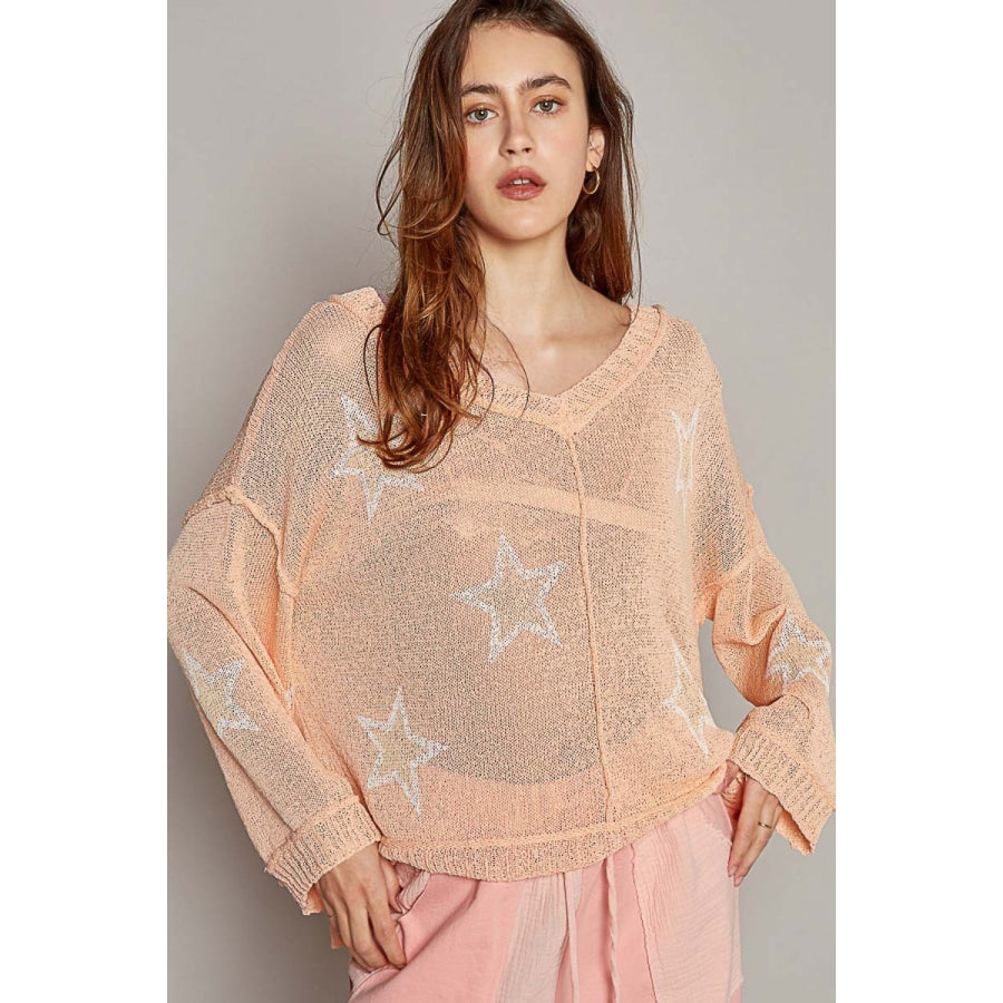 POL V-Neck Long Sleeve Star Print Knit Top Apparel and Accessories