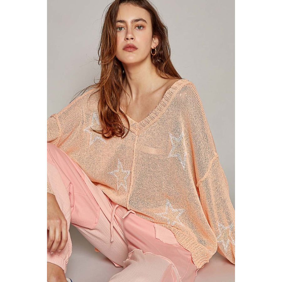 POL V-Neck Long Sleeve Star Print Knit Top Peach / S Apparel and Accessories