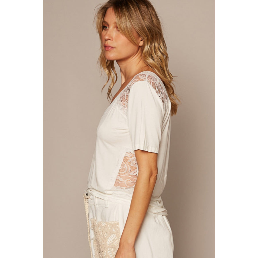 POL V - Neck Short Sleeve Lace Trim Top Apparel and Accessories