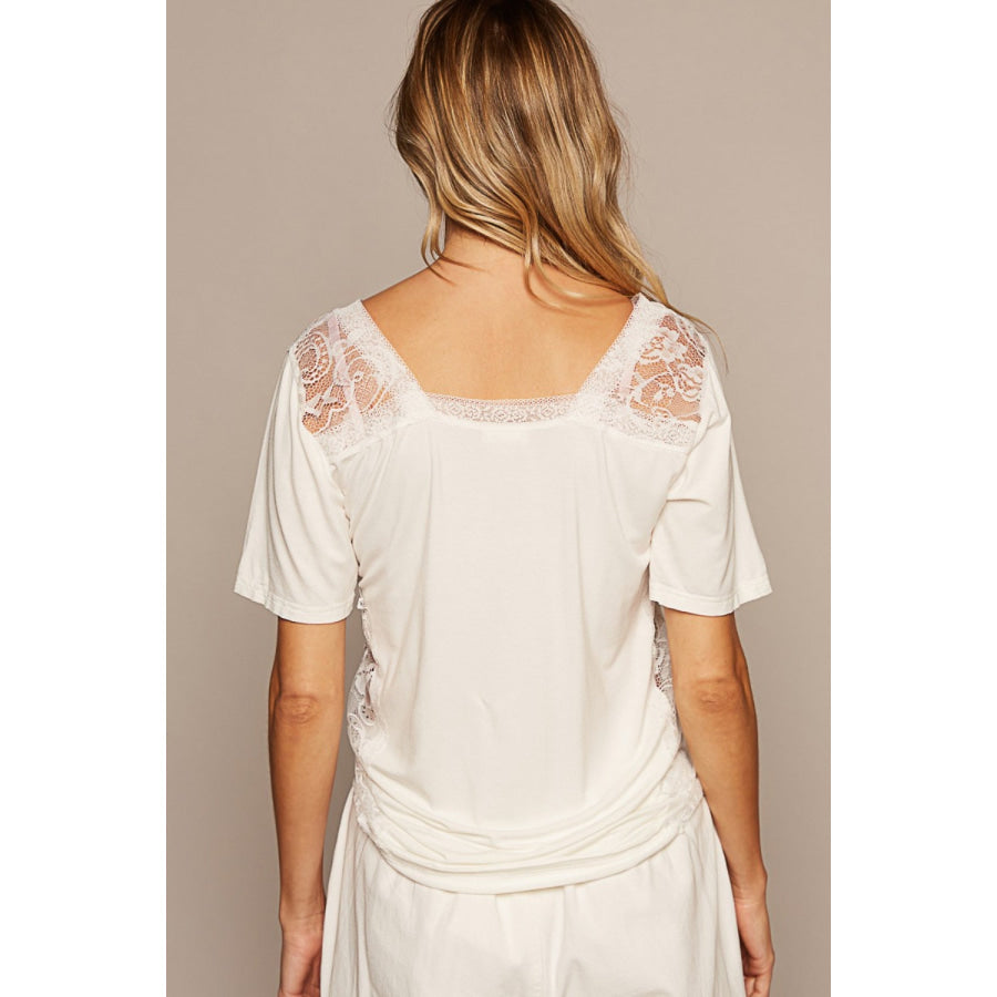 POL V - Neck Short Sleeve Lace Trim Top Apparel and Accessories