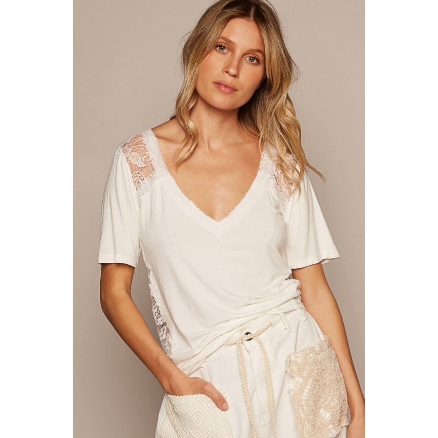 POL V - Neck Short Sleeve Lace Trim Top Off White / S Apparel and Accessories