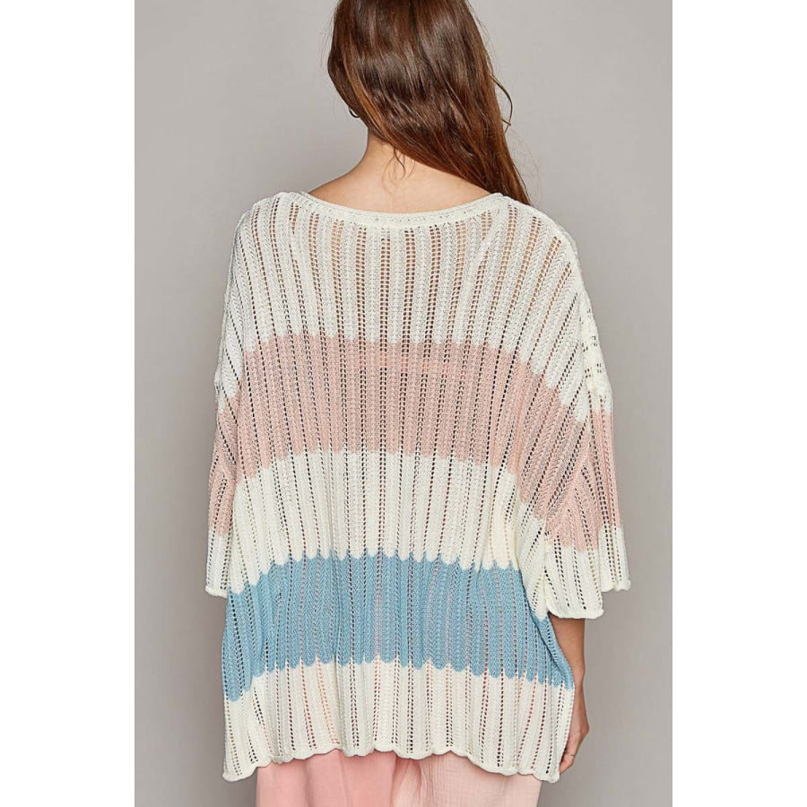 POL V-Neck Short Sleeve Stripe Weave Sweater Ivory Multi / S Apparel and Accessories