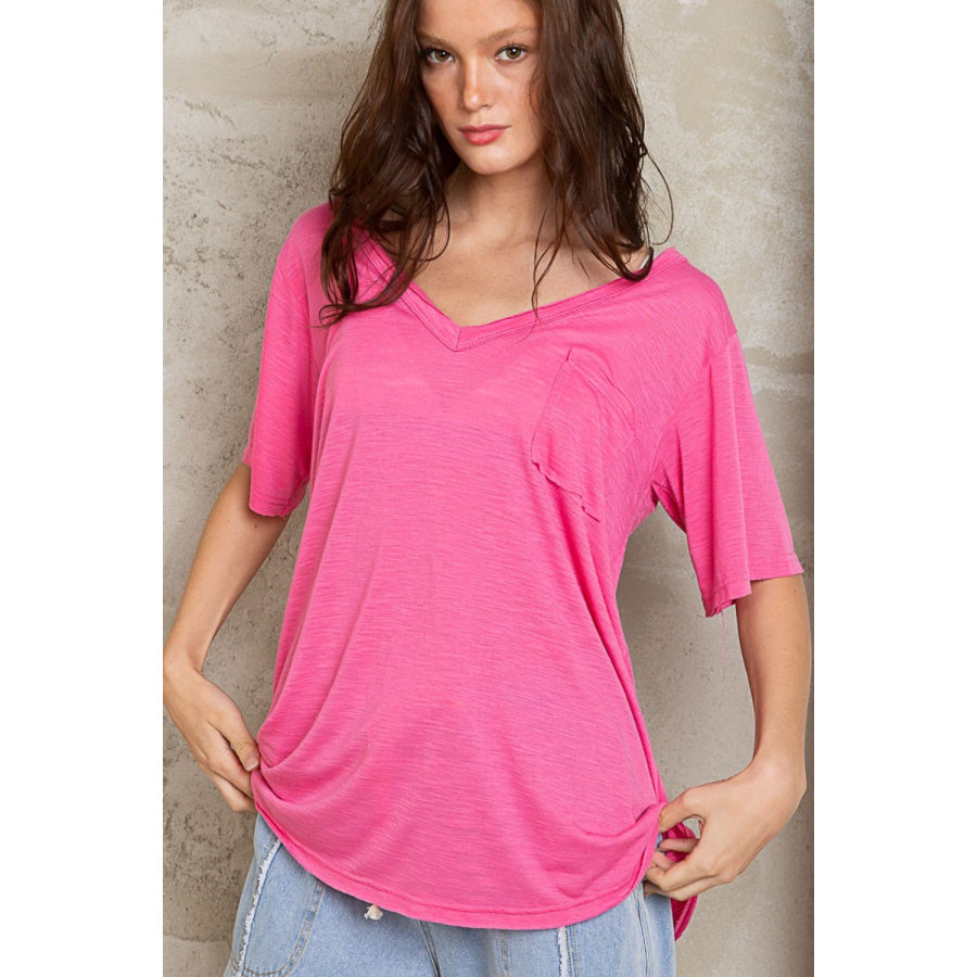 POL V-Neck Short Sleeve T-Shirt Flamingo Pink / S Apparel and Accessories