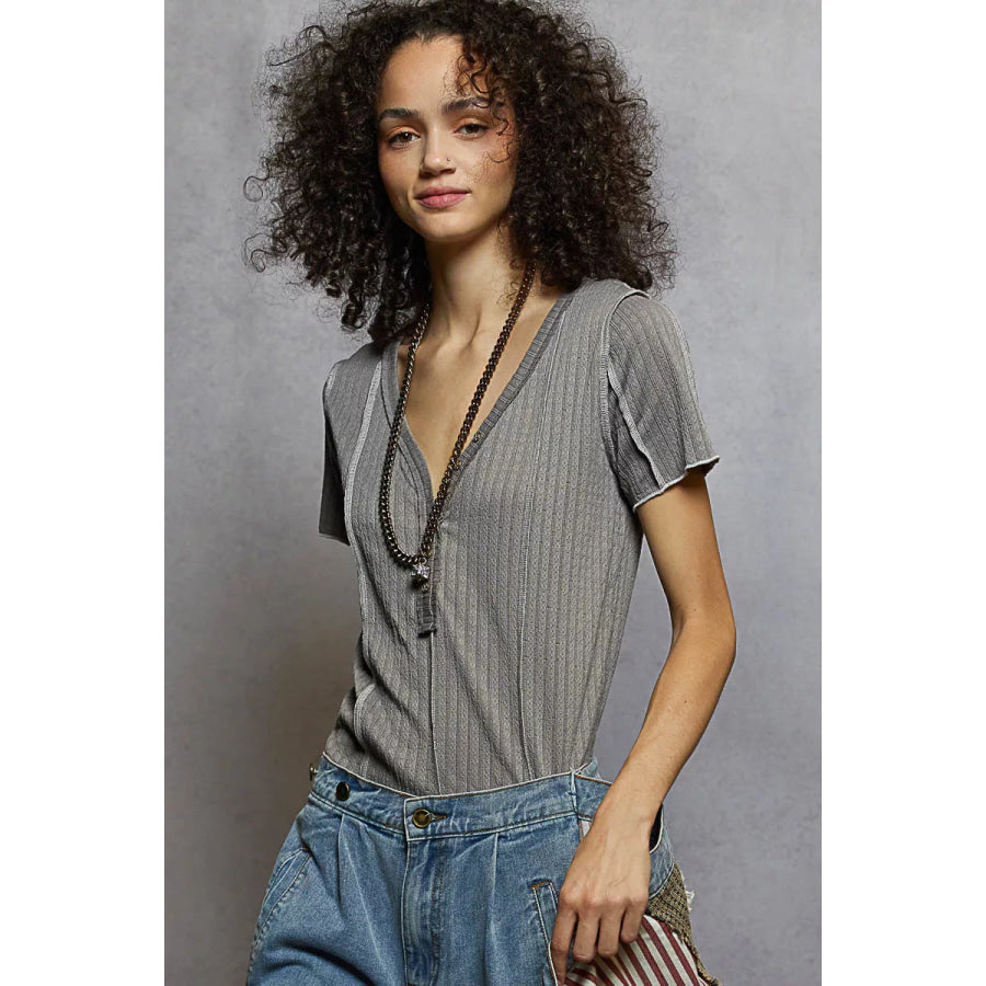 POL V-Neck Short Sleeve Top with Stitch Seam Detail Apparel and Accessories
