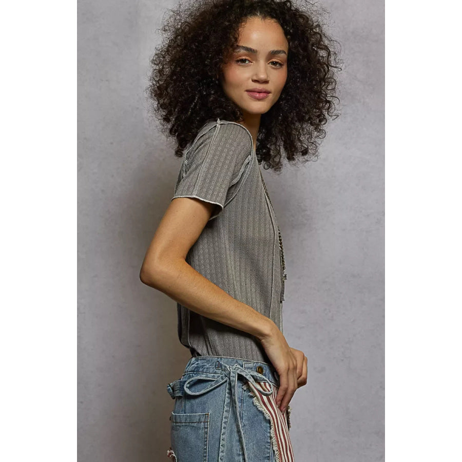 POL V-Neck Short Sleeve Top with Stitch Seam Detail Apparel and Accessories
