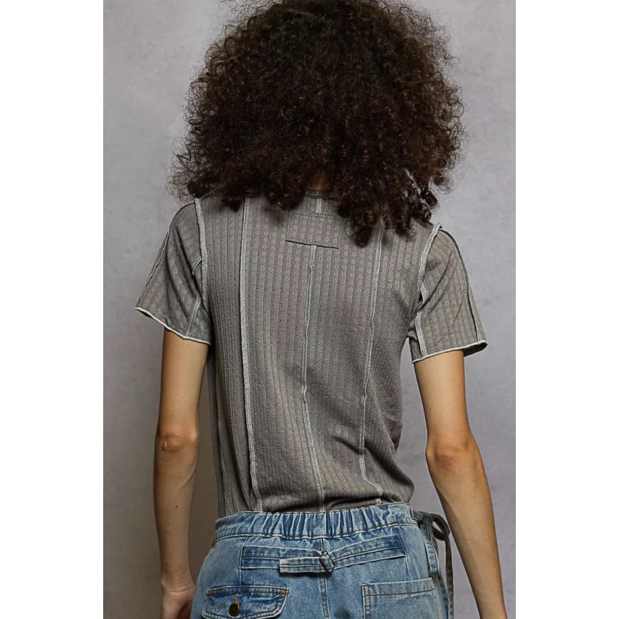 POL V-Neck Short Sleeve Top with Stitch Seam Detail Apparel and Accessories