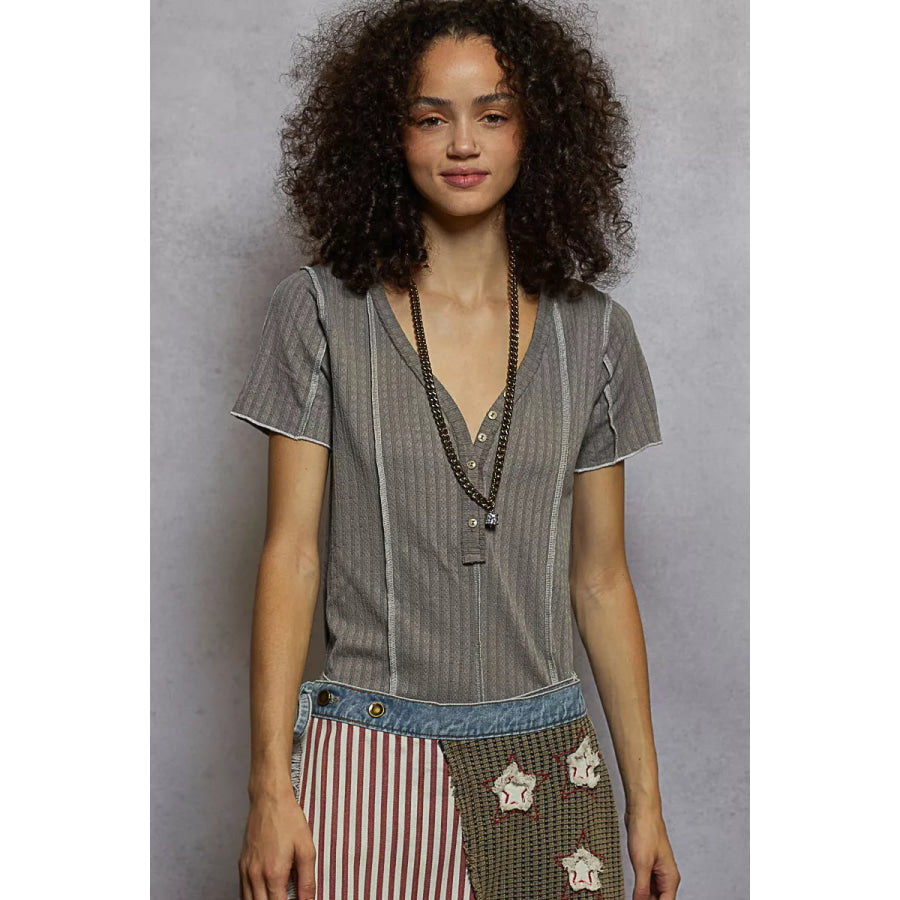 POL V-Neck Short Sleeve Top with Stitch Seam Detail GREY / S Apparel and Accessories