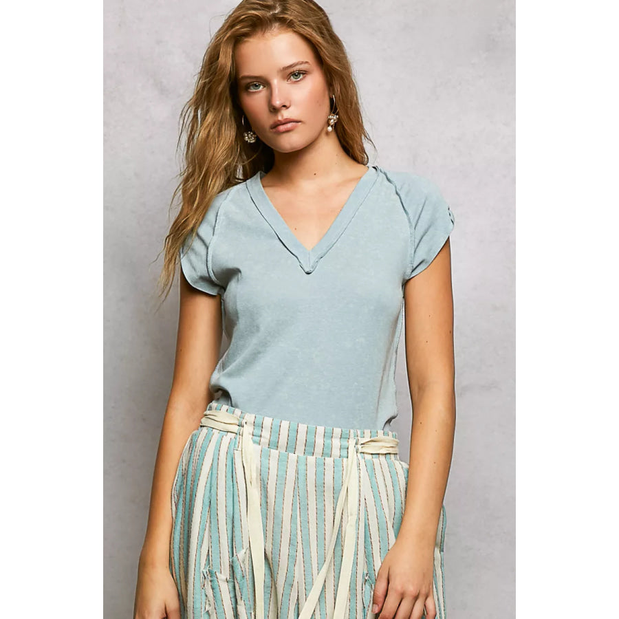 POL V-Neck Short Sleeve Washed T-Shirt with Outseam Apparel and Accessories