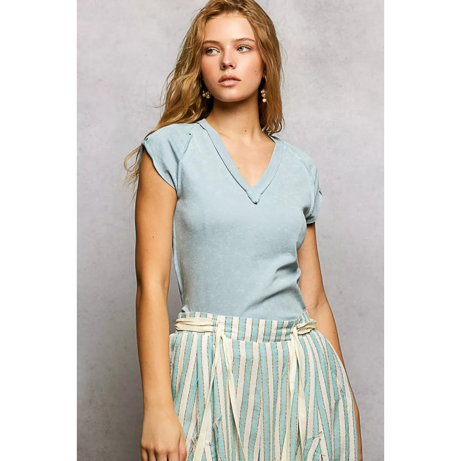 POL V-Neck Short Sleeve Washed T-Shirt with Outseam SKY BLUE / S Apparel and Accessories