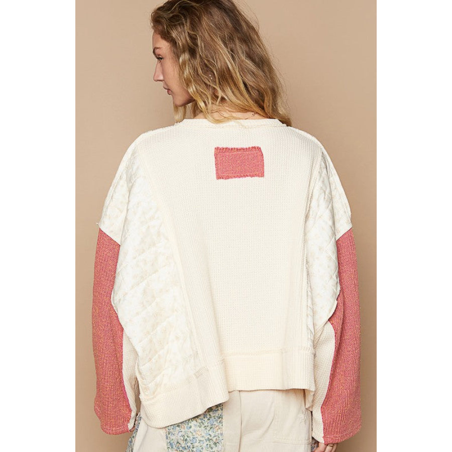 POL Waffle-Knit Contrast Notched Long Sleeve Knit Top Cream multicolor / S Apparel and Accessories