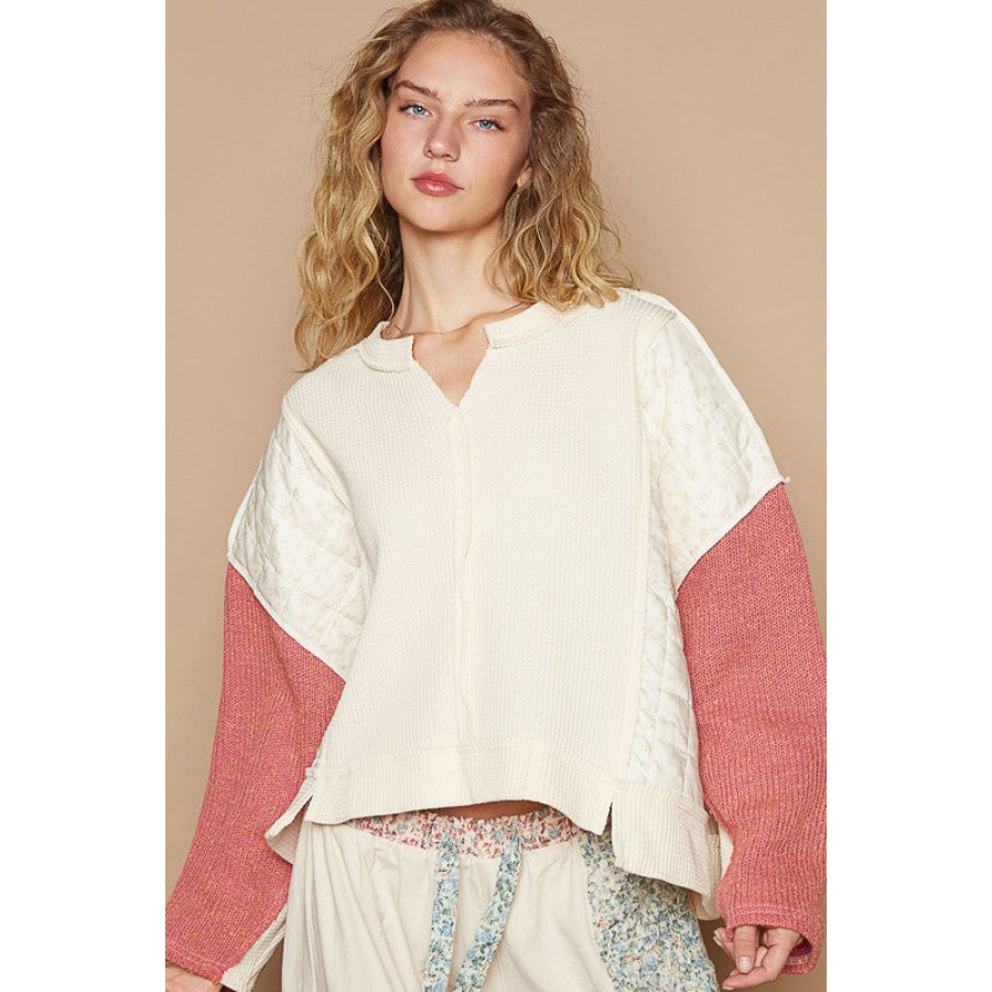 POL Waffle-Knit Contrast Notched Long Sleeve Knit Top Cream multicolor / S Apparel and Accessories