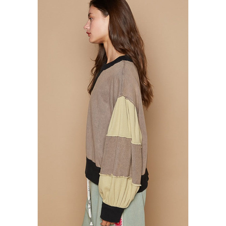 POL Waffle-Knit Detail Color Block Round Neck Sweatshirt Mocha / S Apparel and Accessories