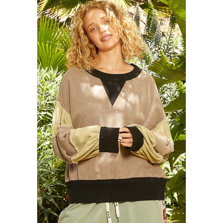 POL Waffle-Knit Detail Color Block Round Neck Sweatshirt Mocha / S Apparel and Accessories