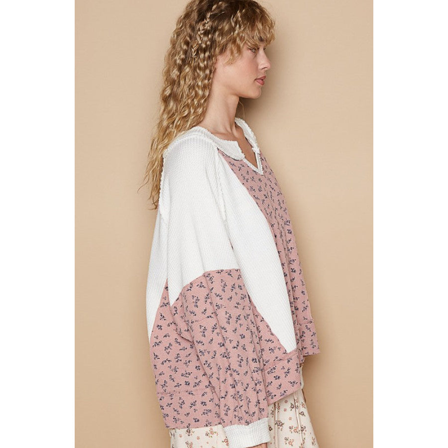 POL Waffle Knit Floral Notched Long Sleeve Top Apparel and Accessories