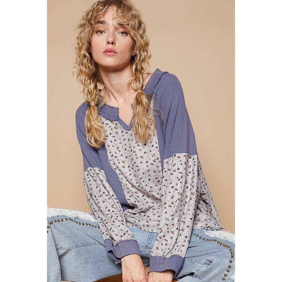 POL Waffle Knit Floral Notched Long Sleeve Top Apparel and Accessories