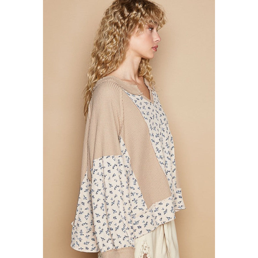 POL Waffle Knit Floral Notched Long Sleeve Top Apparel and Accessories