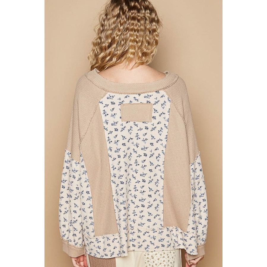 POL Waffle Knit Floral Notched Long Sleeve Top Tan / S Apparel and Accessories