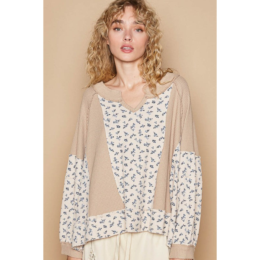 POL Waffle Knit Floral Notched Long Sleeve Top Apparel and Accessories