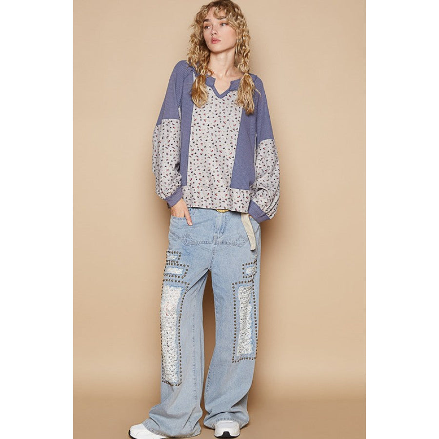 POL Waffle Knit Floral Notched Long Sleeve Top Apparel and Accessories