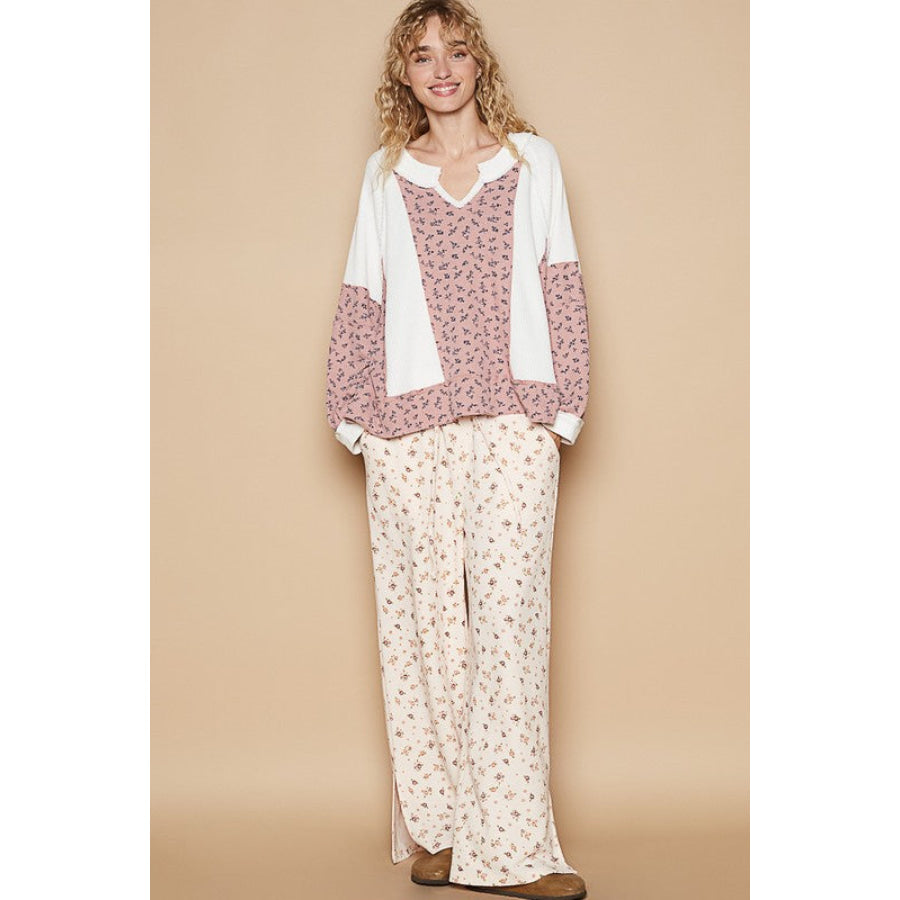 POL Waffle Knit Floral Notched Long Sleeve Top Apparel and Accessories