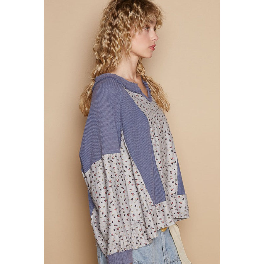 POL Waffle Knit Floral Notched Long Sleeve Top Apparel and Accessories