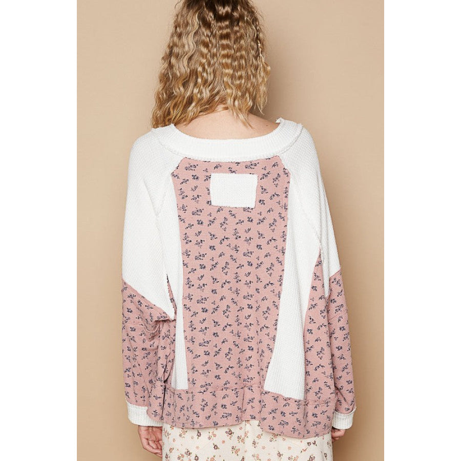 POL Waffle Knit Floral Notched Long Sleeve Top White / S Apparel and Accessories