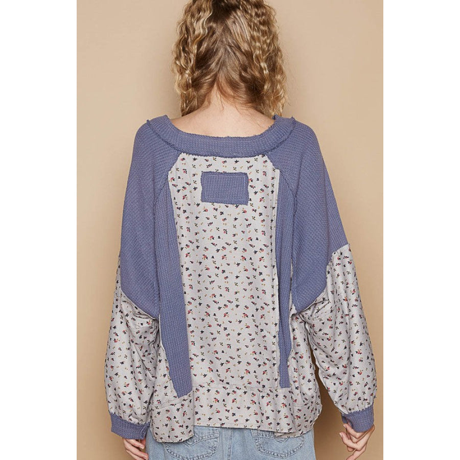 POL Waffle Knit Floral Notched Long Sleeve Top Dusty Blue / S Apparel and Accessories