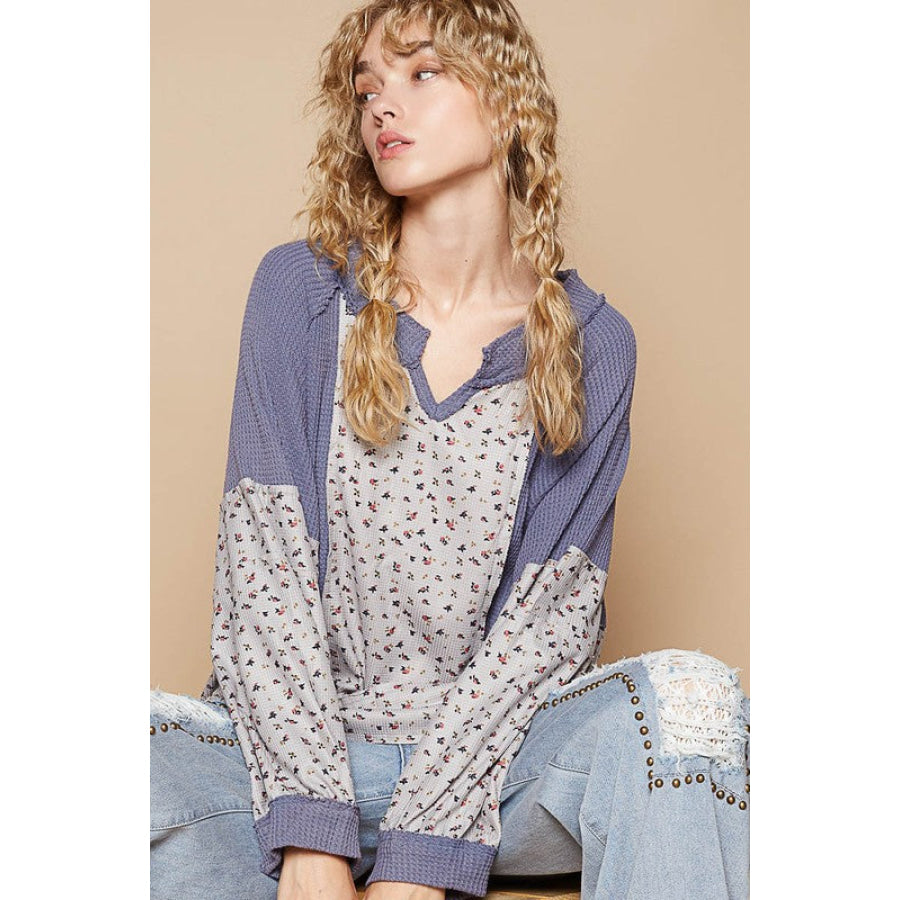 POL Waffle Knit Floral Notched Long Sleeve Top Dusty Blue / S Apparel and Accessories