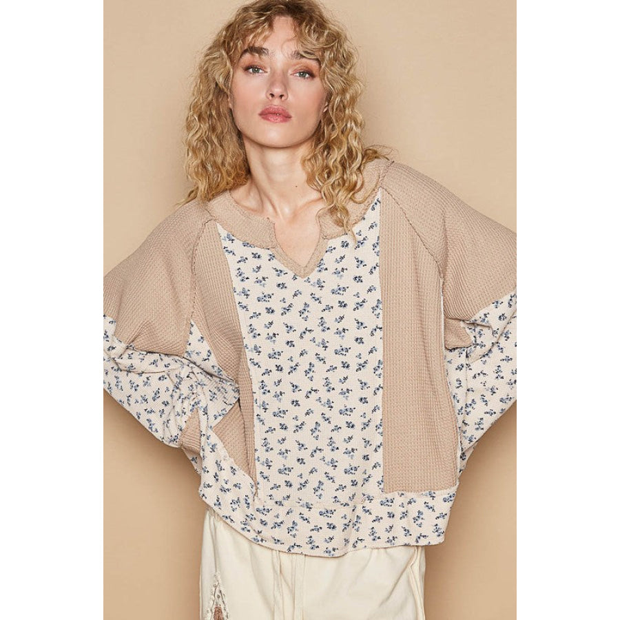 POL Waffle Knit Floral Notched Long Sleeve Top Tan / S Apparel and Accessories