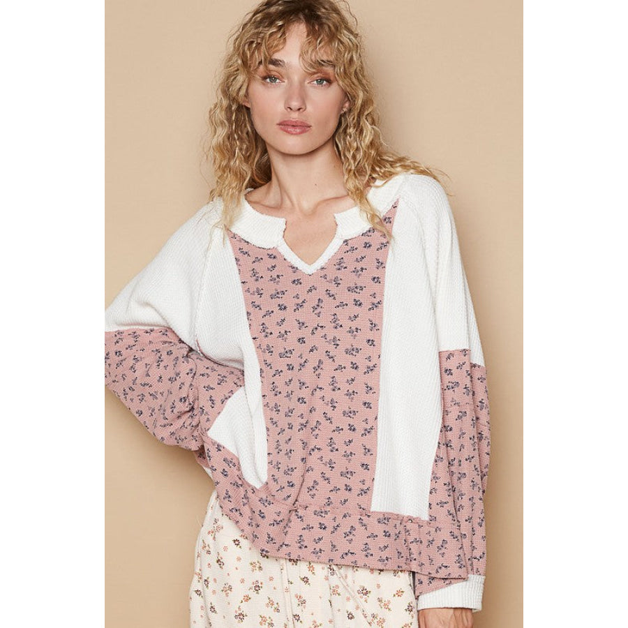 POL Waffle Knit Floral Notched Long Sleeve Top White / S Apparel and Accessories