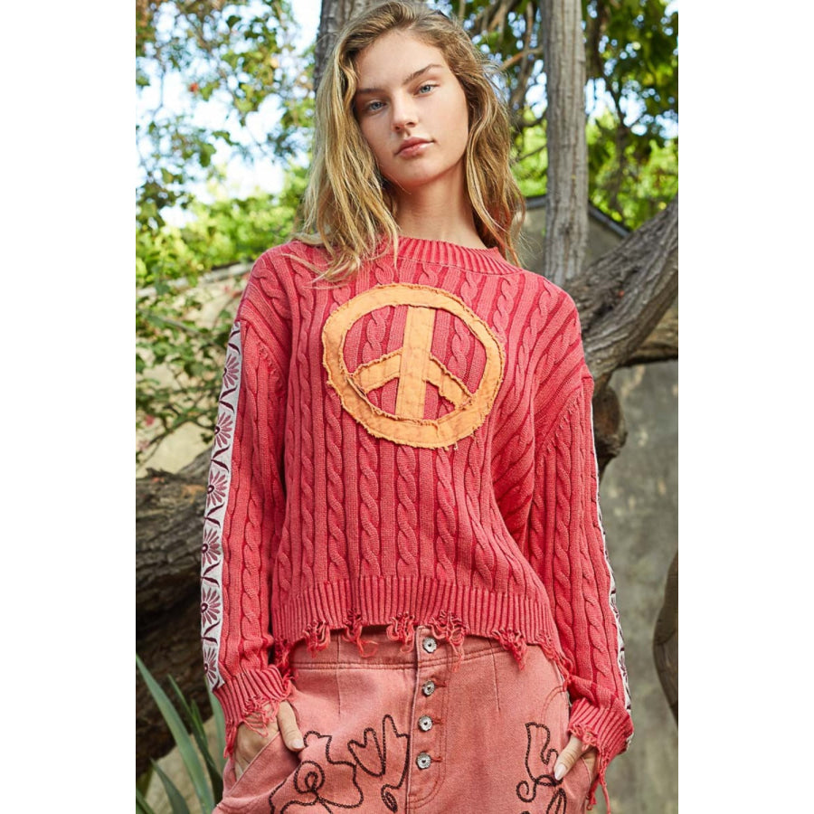 POL Washed Peace Patch Cable Knit Sweater Apparel and Accessories