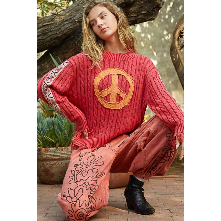 POL Washed Peace Patch Cable Knit Sweater Apparel and Accessories