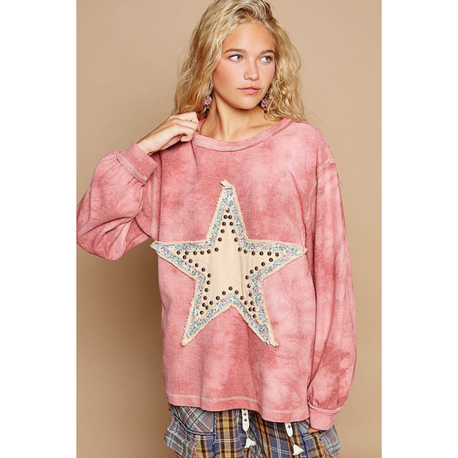 POL Washed Star Patch With Studded Top Apparel and Accessories