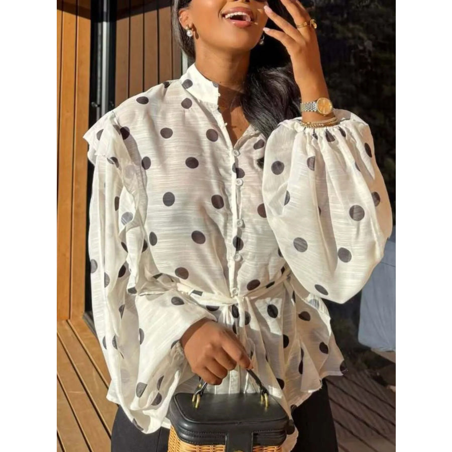 Polka Do Balloon Sleeve Blouse White / S Apparel and Accessories