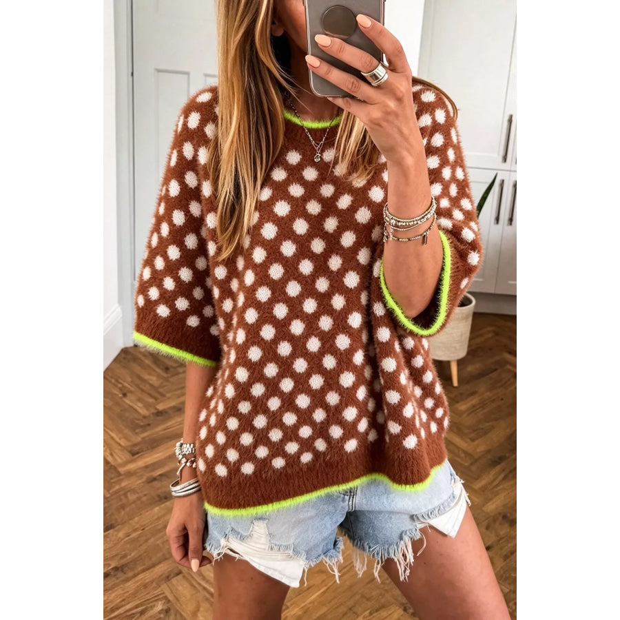 Polka Dot 3/4 Sleeve Sweater Caramel / M Apparel and Accessories