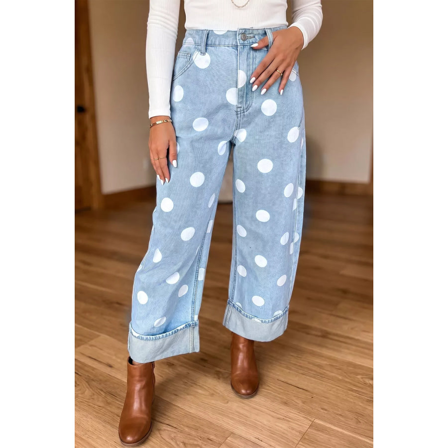 Polka Dot Ankle-Length Metal Button Casual Jeans Light Blue / 4 Apparel and Accessories