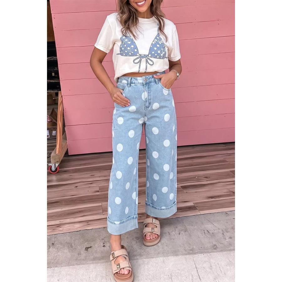 Polka Dot Ankle-Length Metal Button Casual Jeans Apparel and Accessories