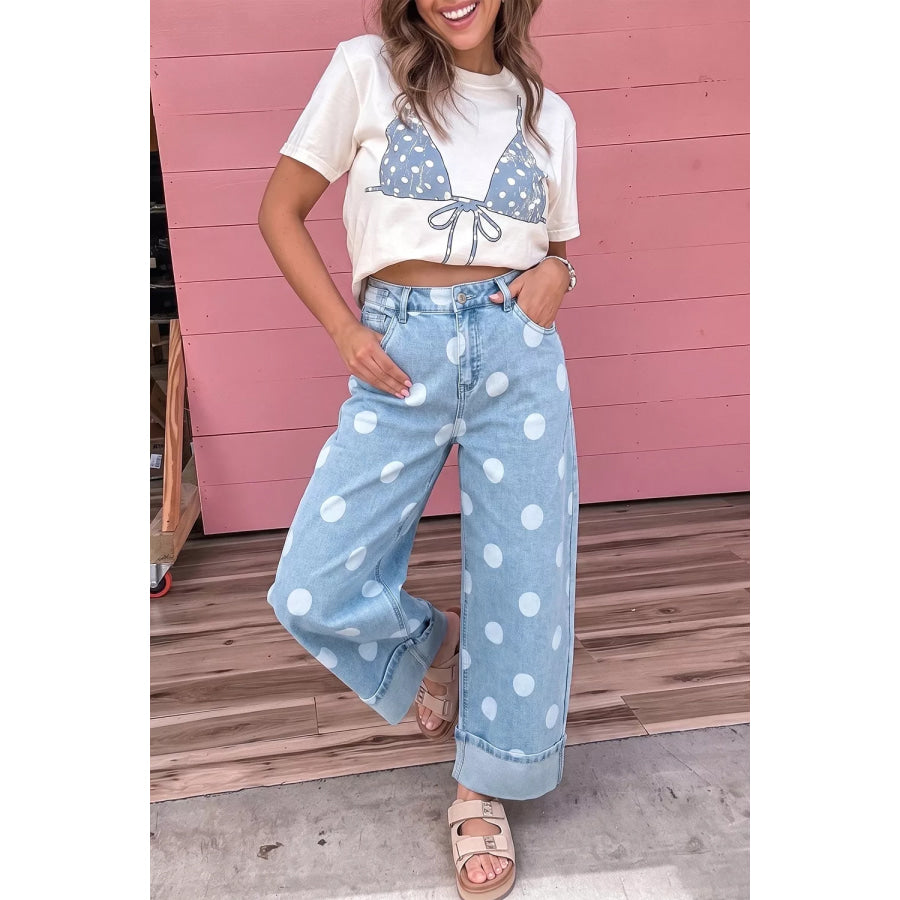 Polka Dot Ankle-Length Metal Button Casual Jeans Apparel and Accessories