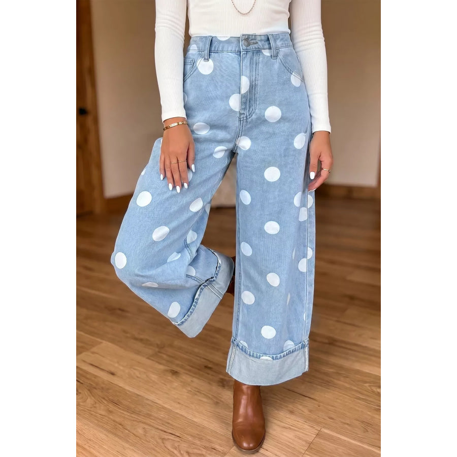 Polka Dot Ankle-Length Metal Button Casual Jeans Light Blue / 4 Apparel and Accessories
