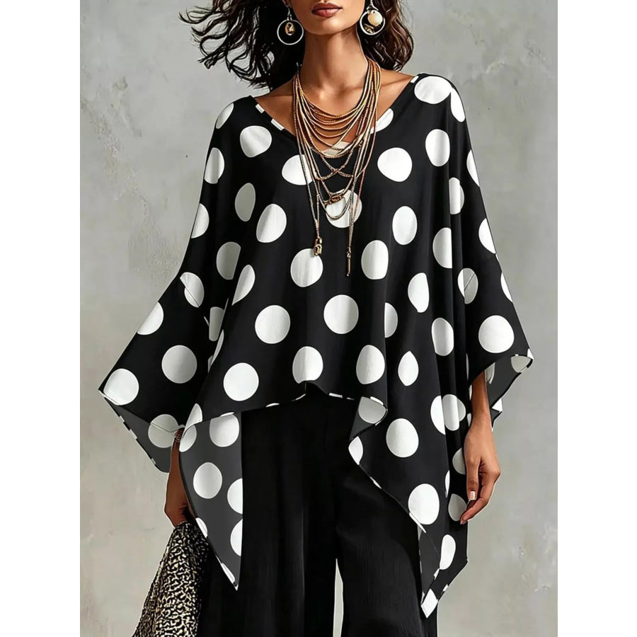 Polka Dot Asymmetrical Hem Blouse Black / S Apparel and Accessories