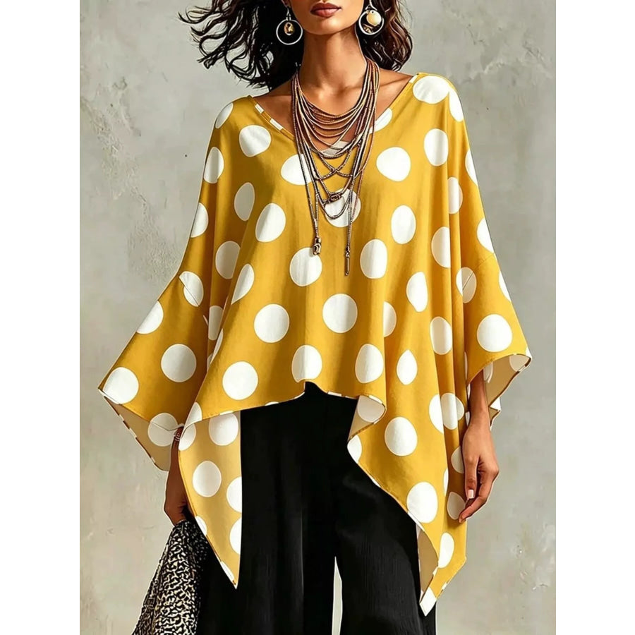 Polka Dot Asymmetrical Hem Blouse Gold / S Apparel and Accessories