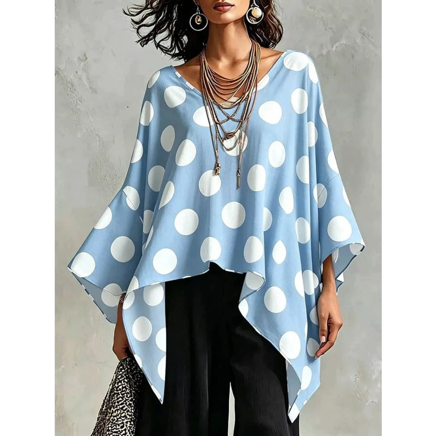 Polka Dot Asymmetrical Hem Blouse Light Blue / S Apparel and Accessories