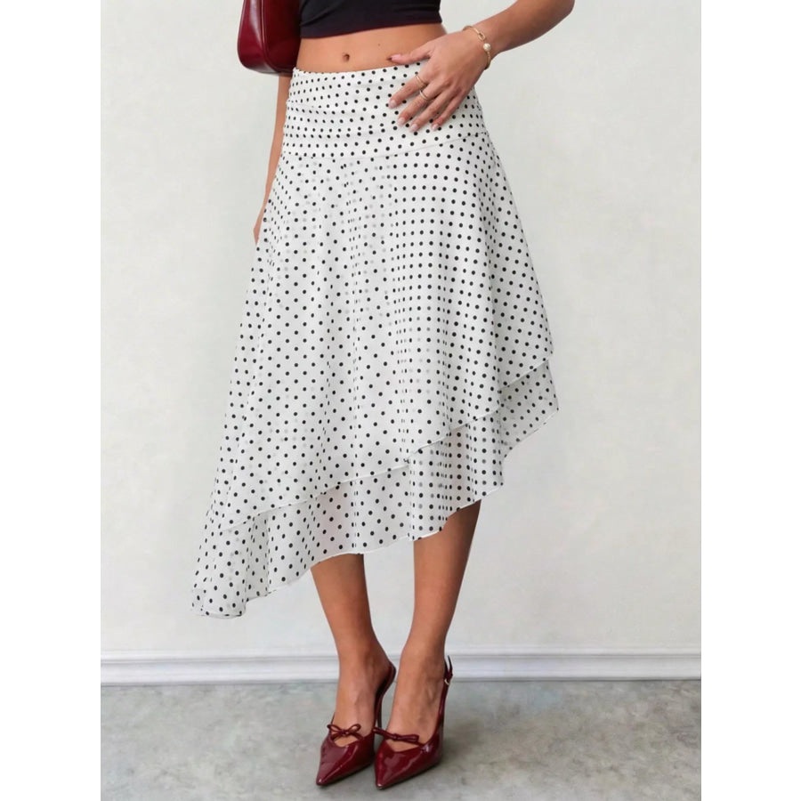 Polka Dot Asymmetrical Hem Midi Skirt White / S Apparel and Accessories