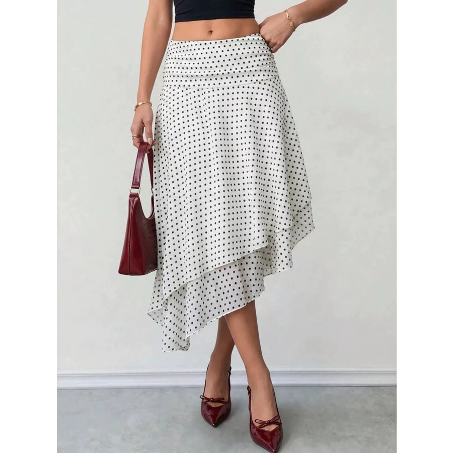 Polka Dot Asymmetrical Hem Midi Skirt White / S Apparel and Accessories