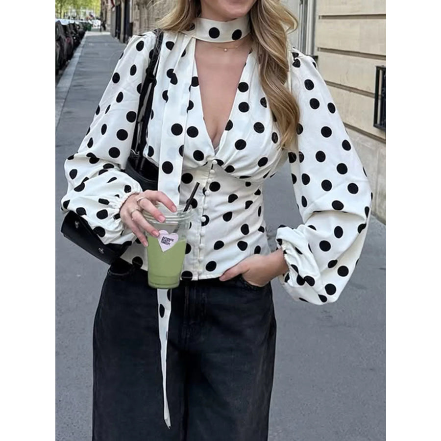 Polka Dot Balloon Sleeve Blouse White / S Apparel and Accessories