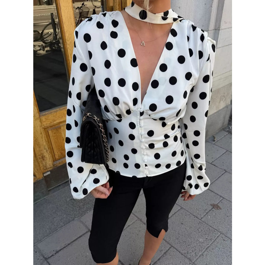 Polka Dot Balloon Sleeve Blouse White / S Apparel and Accessories